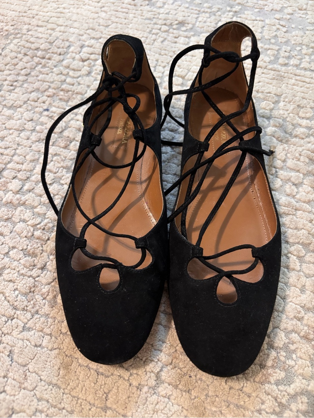 Aquazarra Black Lace-Up Suede Flats Womens 7